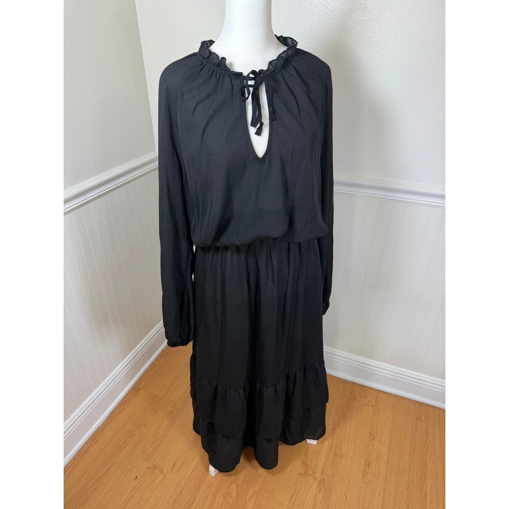 Show Me Your Mumu Cait Midi Dress Women XL Black Long Sleeve Tiered Keyhole‎ Tie